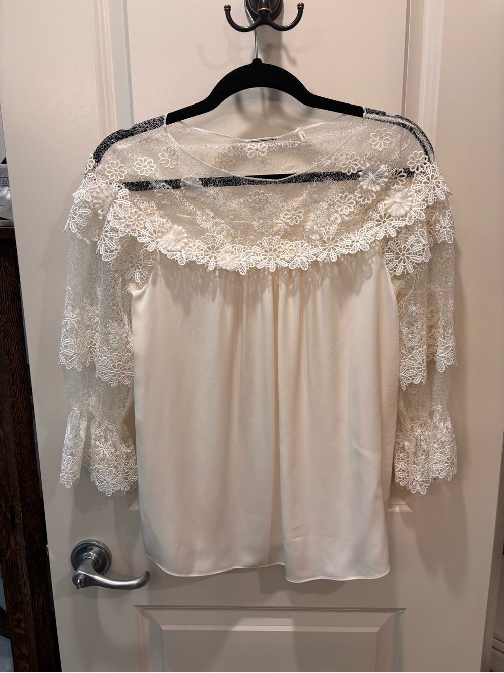 Elie Tahari Ivory Lace-Yoke and Sleeve Blouse